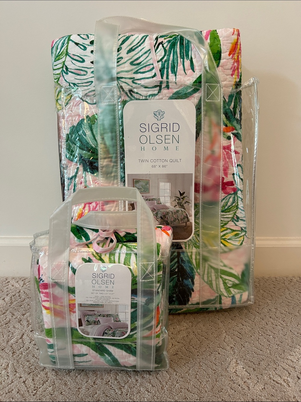 Sigrid Olsen Tropical Floral Twin Quilt & Set of 2 Standard Shams - Pink & Green